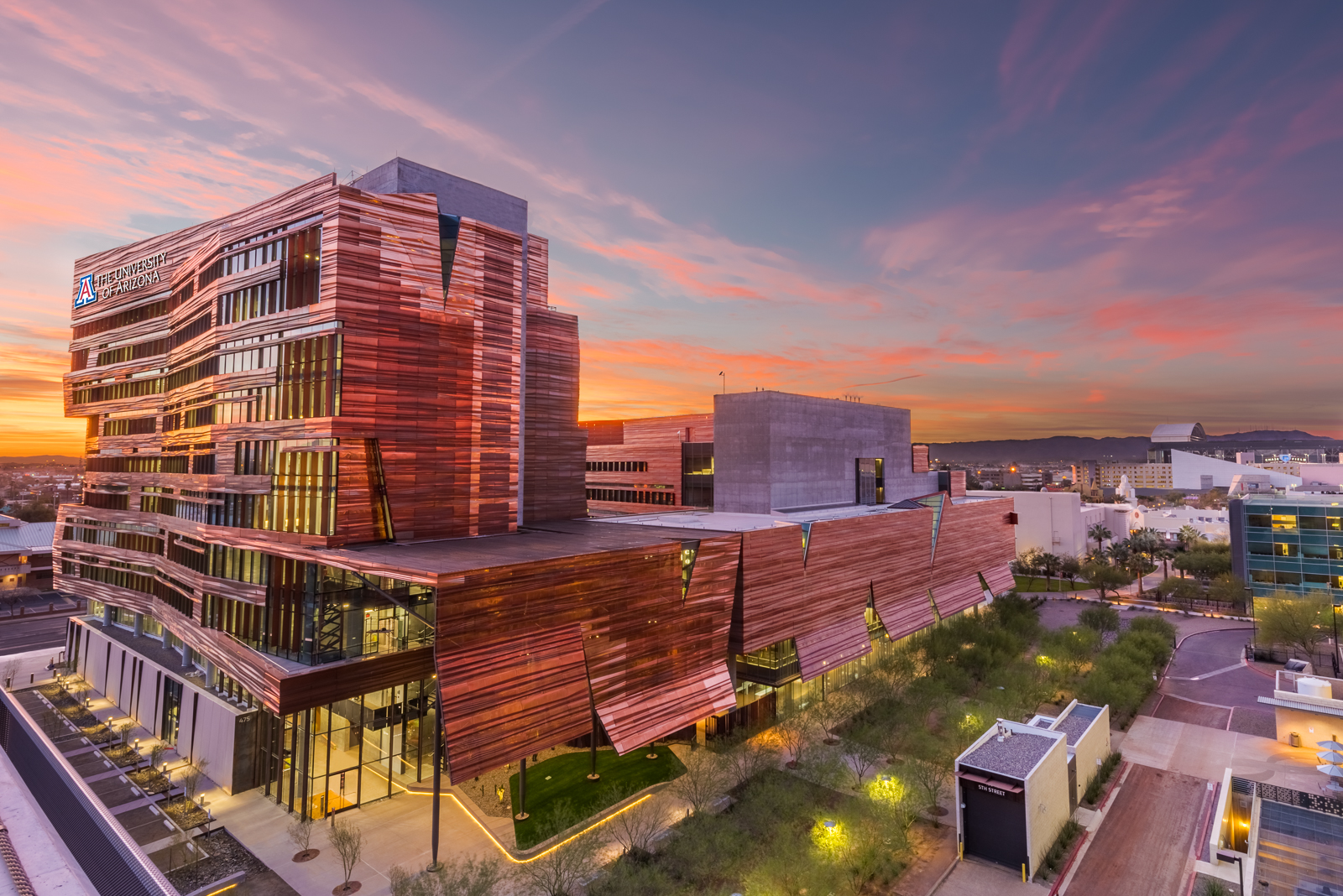The University of Arizona College of Medicine Biomedical Sciences Partnership Building in Downtown Phoenix at sunset.